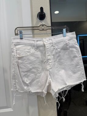 Good American White Distressed Denim Cutoff Shorts